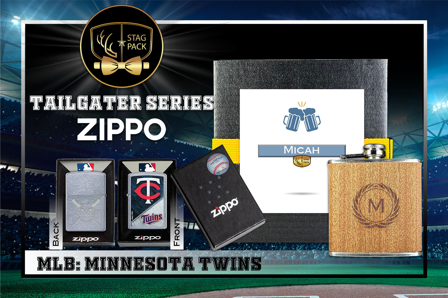 Custom Engraved Groomsmen Gift with Flask & Zippo Windproof Lighter in a Personalized Gift Box.