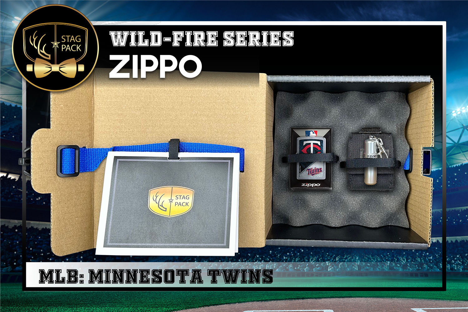 Custom Engraved Groomsmen Gift with MLB Windproof Zippo Lighter, a Fluid Canister and Pouch packaged in a Personalized Gift Box with a Message Card.