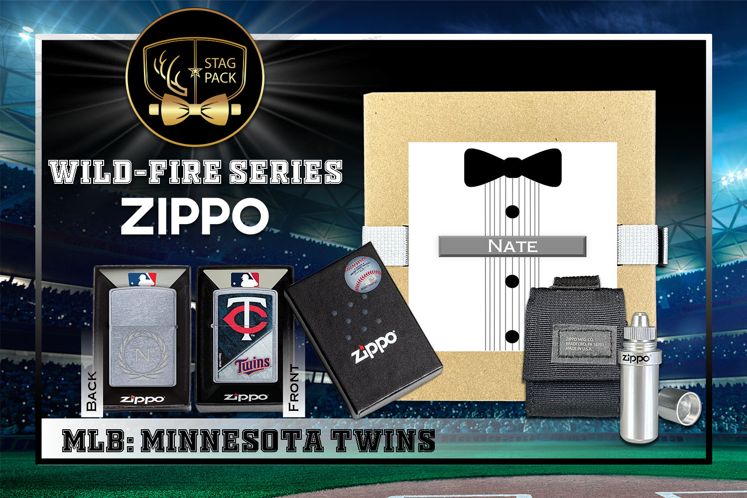 Custom Engraved Groomsmen Gift with MLB Windproof Zippo Lighter, a Fluid Canister and Pouch Gift-Pack in a Personalized Gift Box.