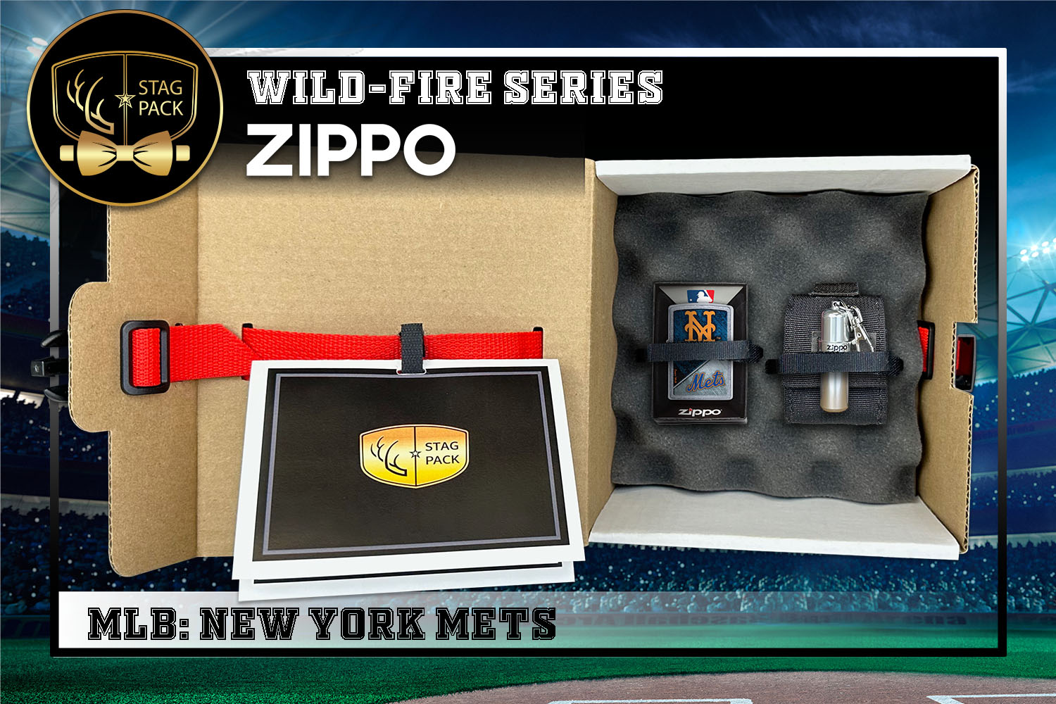 Custom Engraved Groomsmen Gift with MLB Windproof Zippo Lighter, a Fluid Canister and Pouch packaged in a Personalized Gift Box with a Message Card.