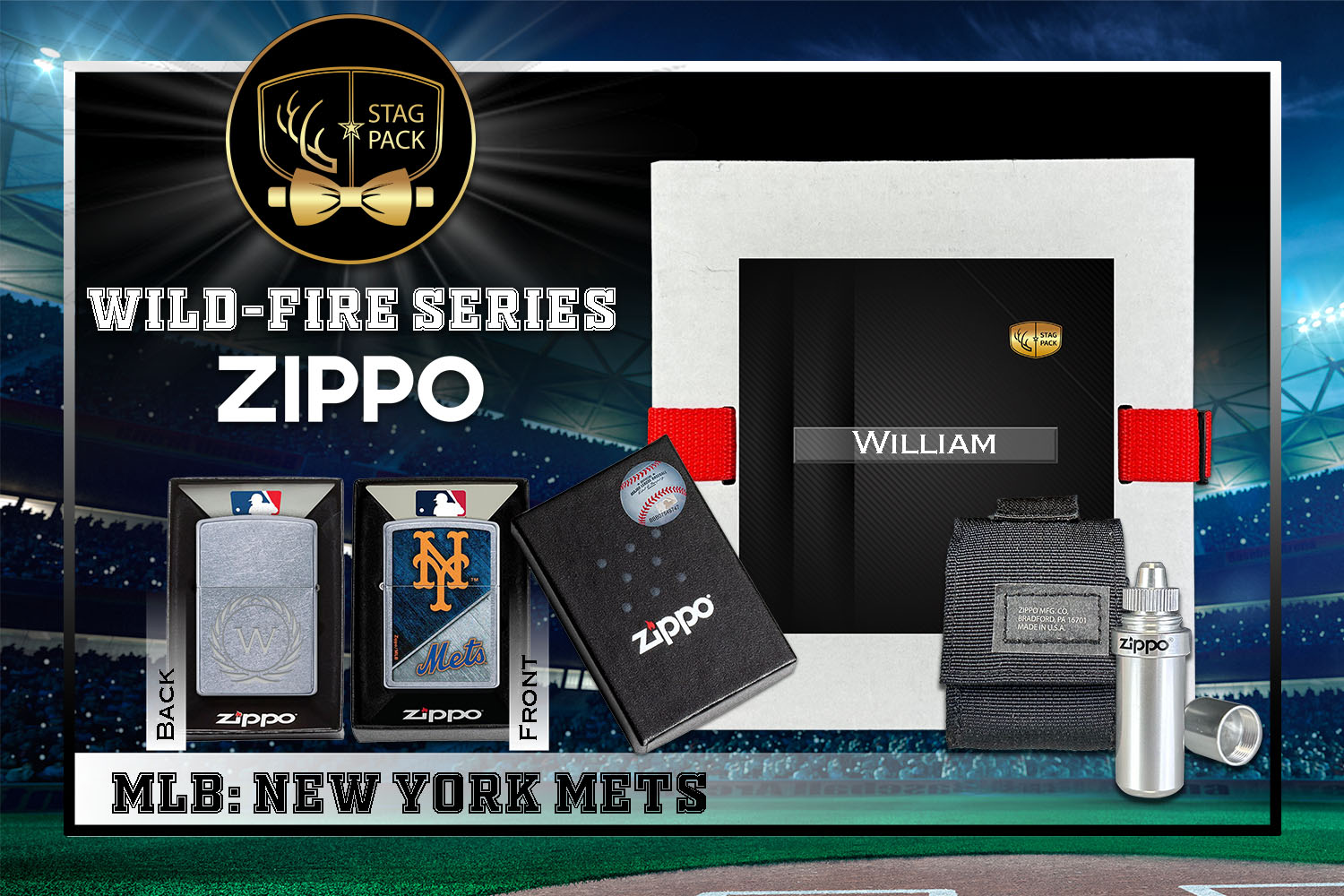 Custom Engraved Groomsmen Gift with MLB Windproof Zippo Lighter, a Fluid Canister and Pouch Gift-Pack in a Personalized Gift Box.