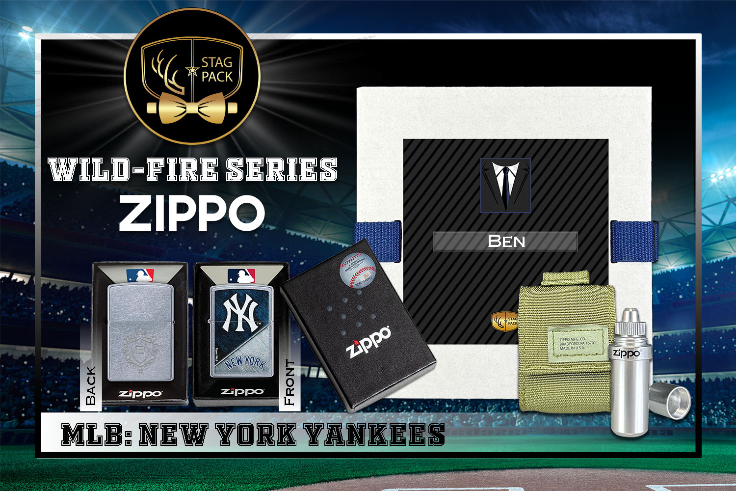 Custom Engraved Groomsmen Gift with MLB Windproof Zippo Lighter, a Fluid Canister and Pouch Gift-Pack in a Personalized Gift Box.