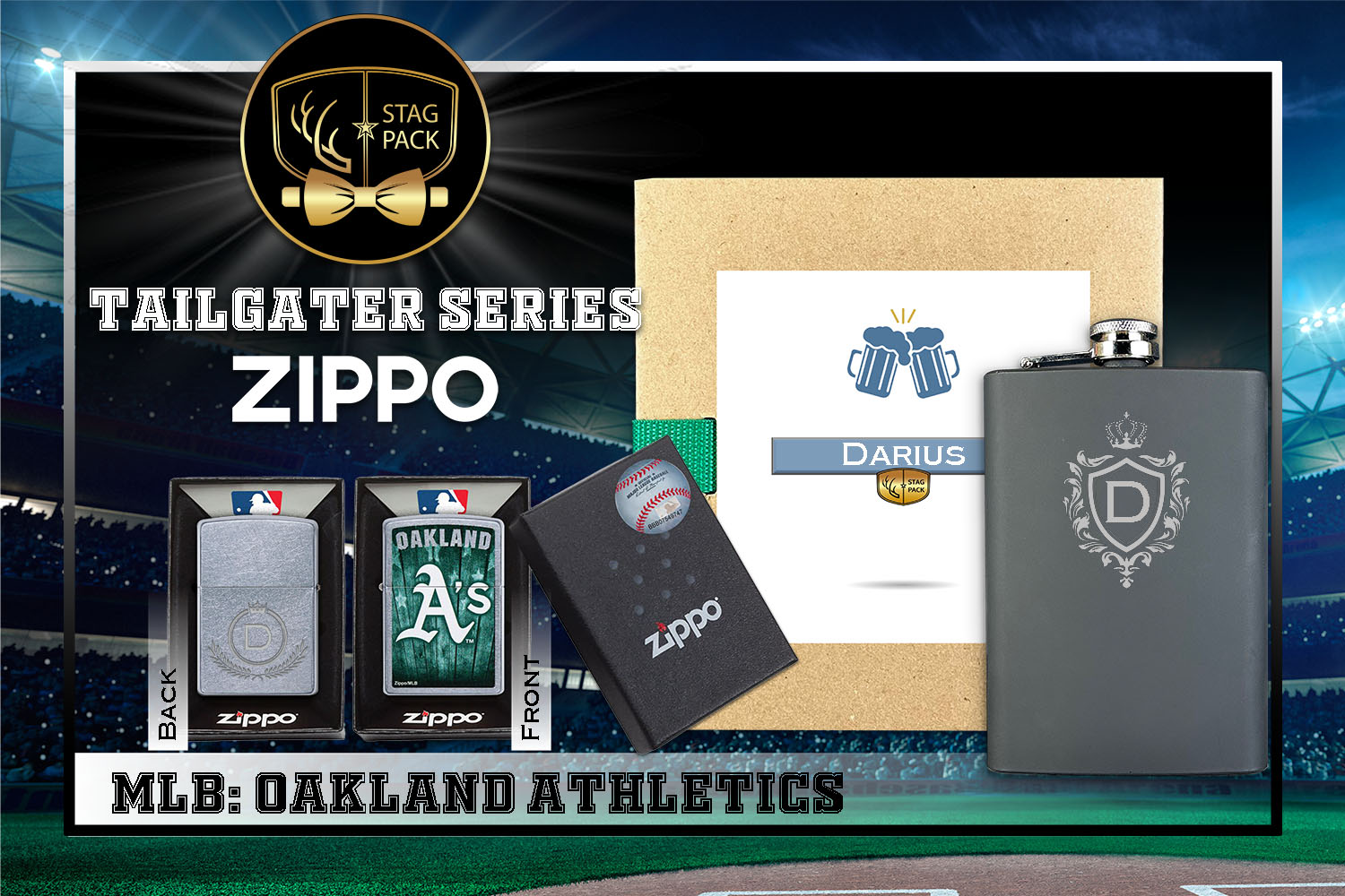 Custom Engraved Groomsmen Gift with Flask & Zippo Windproof Lighter in a Personalized Gift Box.