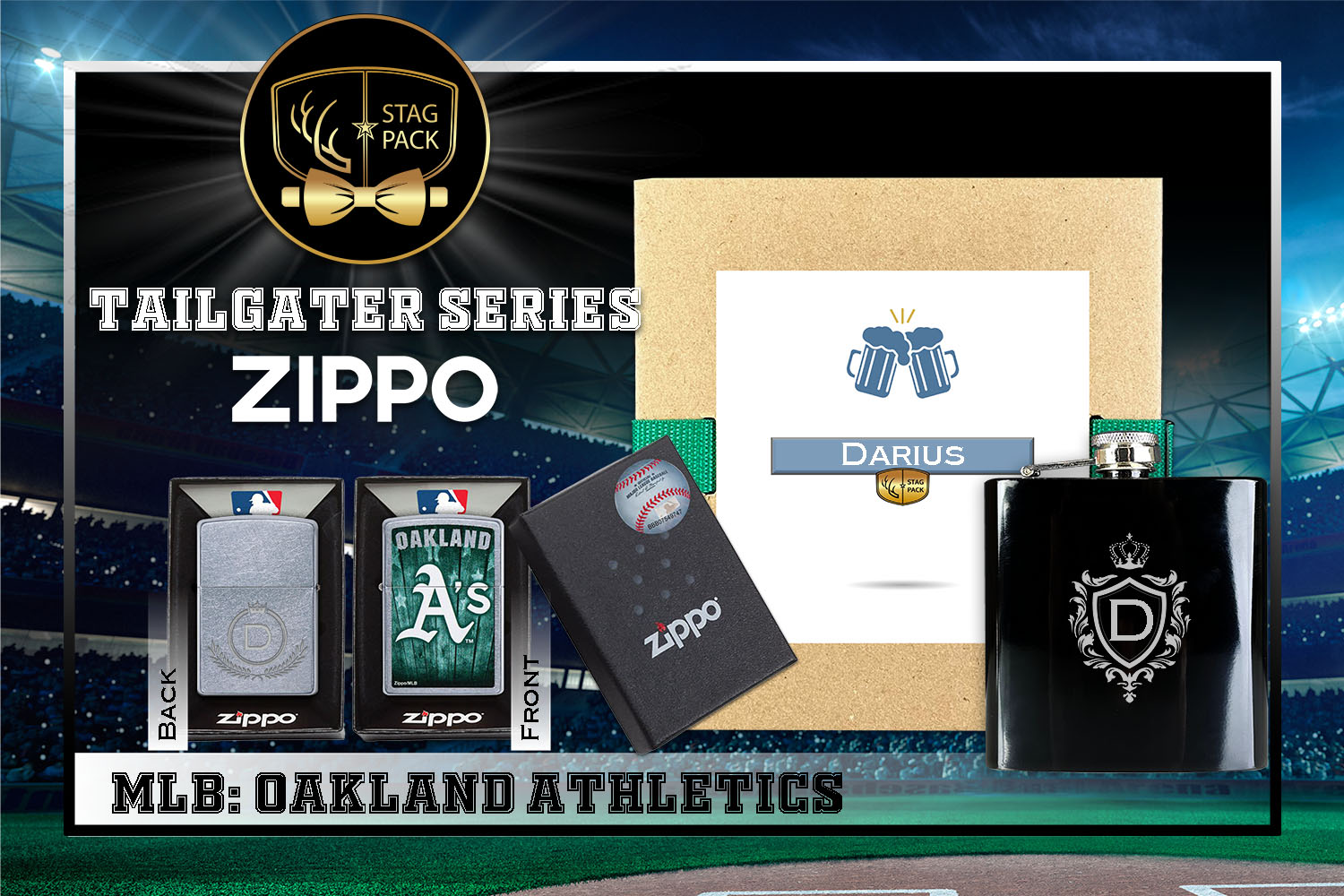 Custom Engraved Groomsmen Gift with Flask & Zippo Windproof Lighter in a Personalized Gift Box.