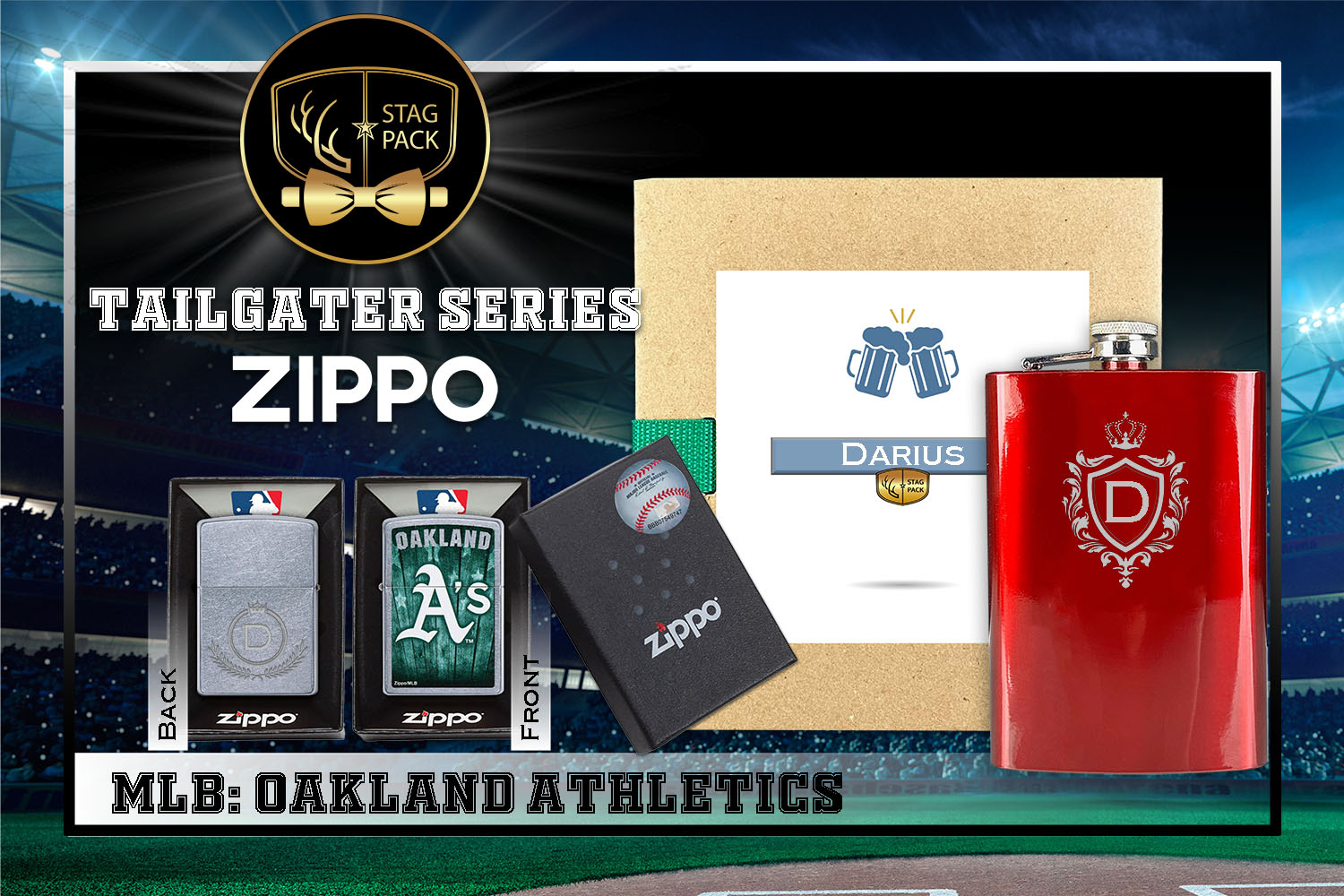 Custom Engraved Groomsmen Gift with Flask & Zippo Windproof Lighter in a Personalized Gift Box.