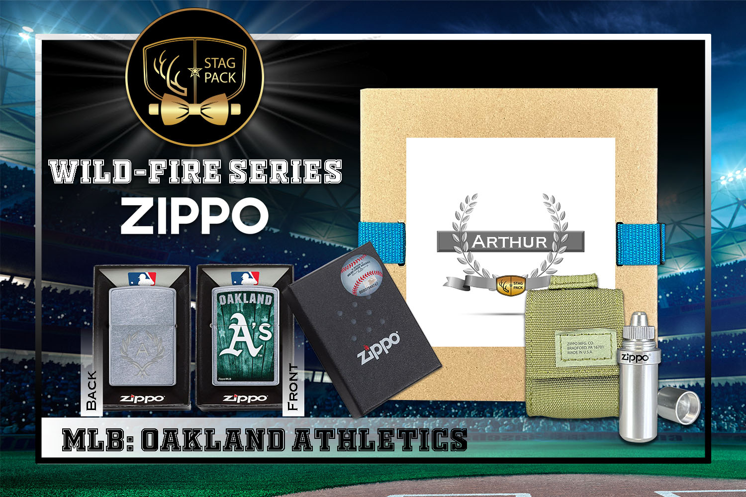 Custom Engraved Groomsmen Gift with MLB Windproof Zippo Lighter, a Fluid Canister and Pouch Gift-Pack in a Personalized Gift Box.