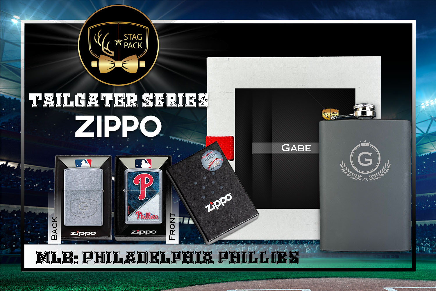 Custom Engraved Groomsmen Gift with Flask & Zippo Windproof Lighter in a Personalized Gift Box.
