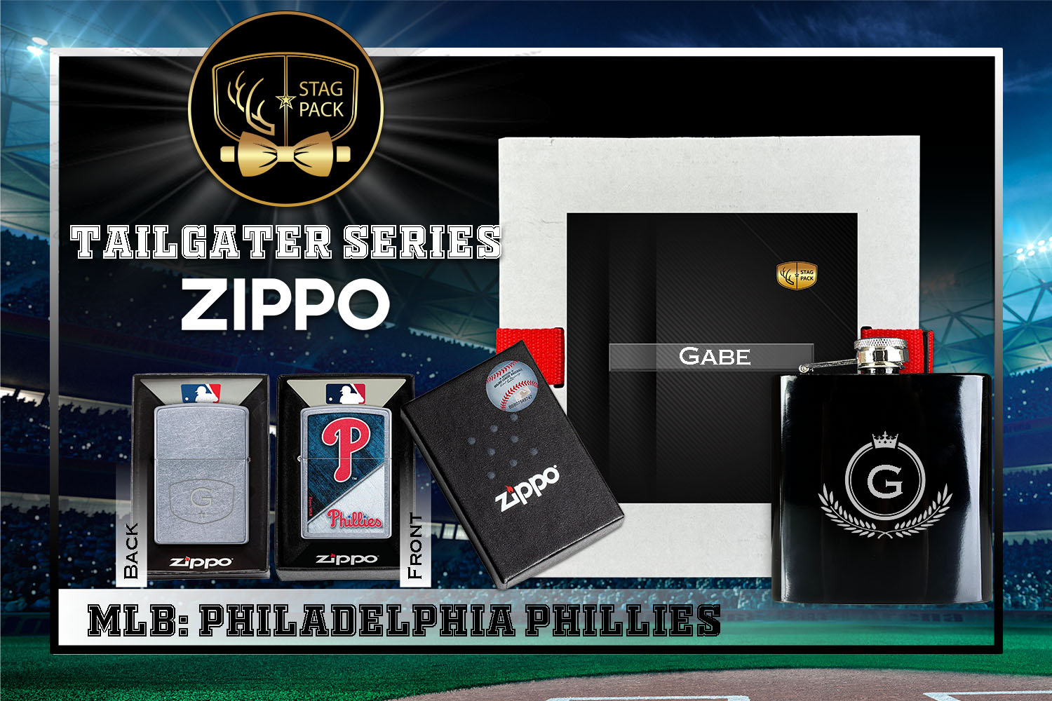 Custom Engraved Groomsmen Gift with Flask & Zippo Windproof Lighter in a Personalized Gift Box.