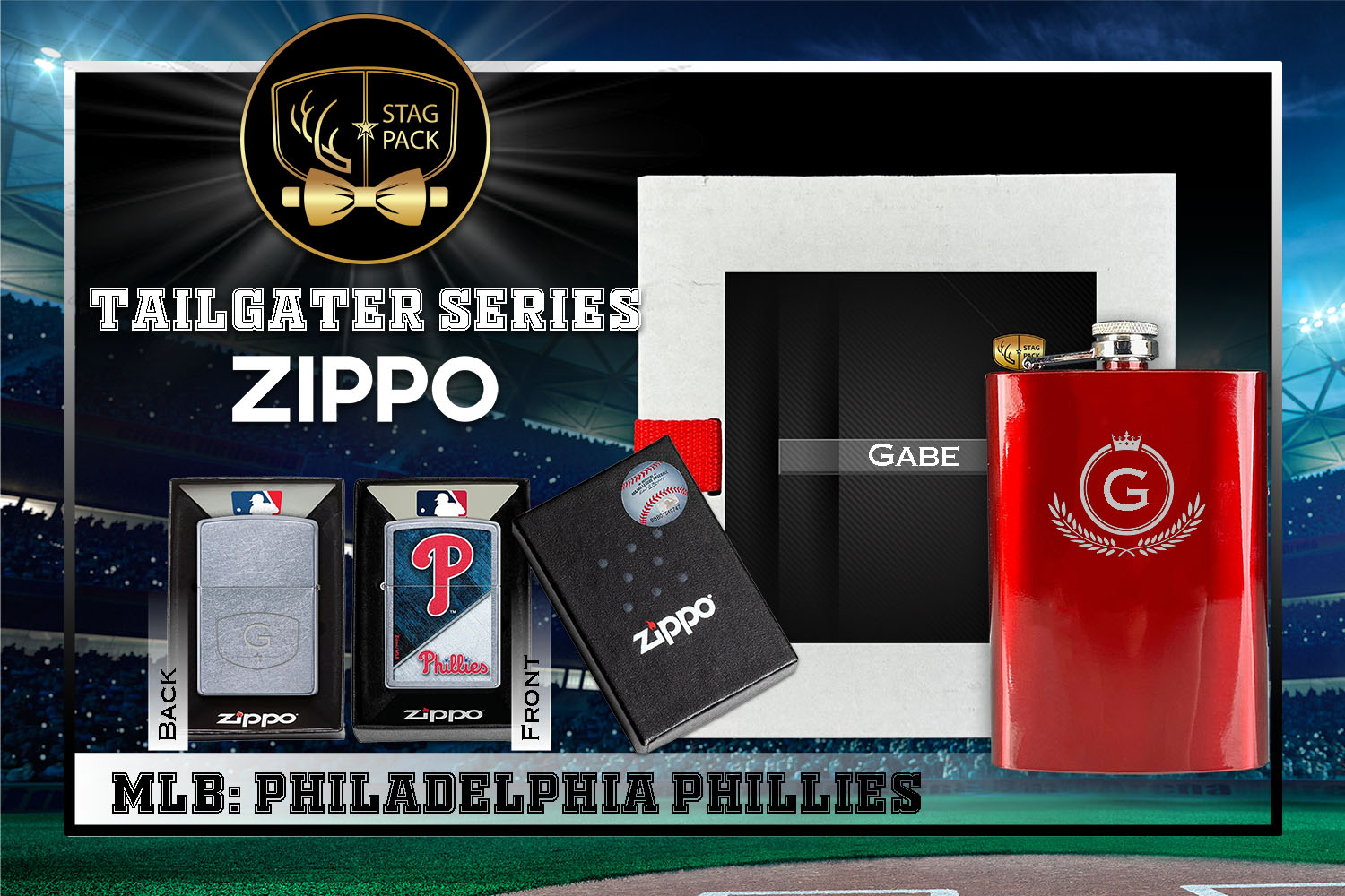 Custom Engraved Groomsmen Gift with Flask & Zippo Windproof Lighter in a Personalized Gift Box.