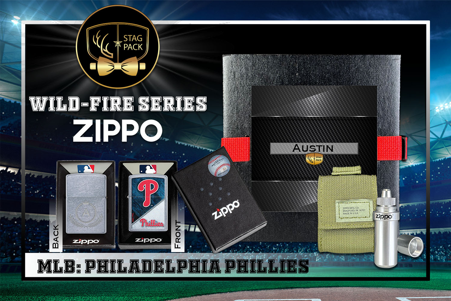 Custom Engraved Groomsmen Gift with MLB Windproof Zippo Lighter, a Fluid Canister and Pouch Gift-Pack in a Personalized Gift Box.