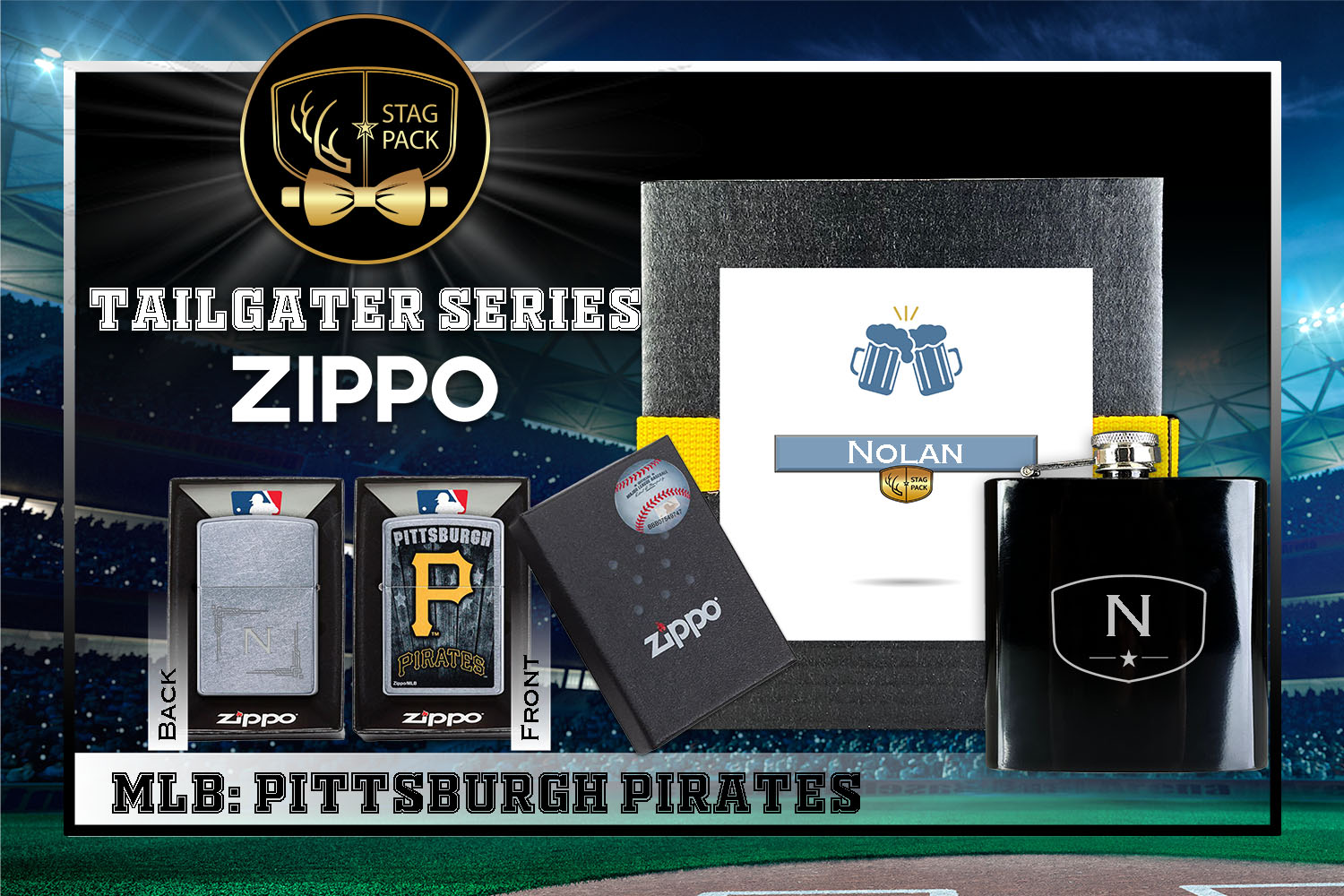 Custom Engraved Groomsmen Gift with Flask & Zippo Windproof Lighter in a Personalized Gift Box.