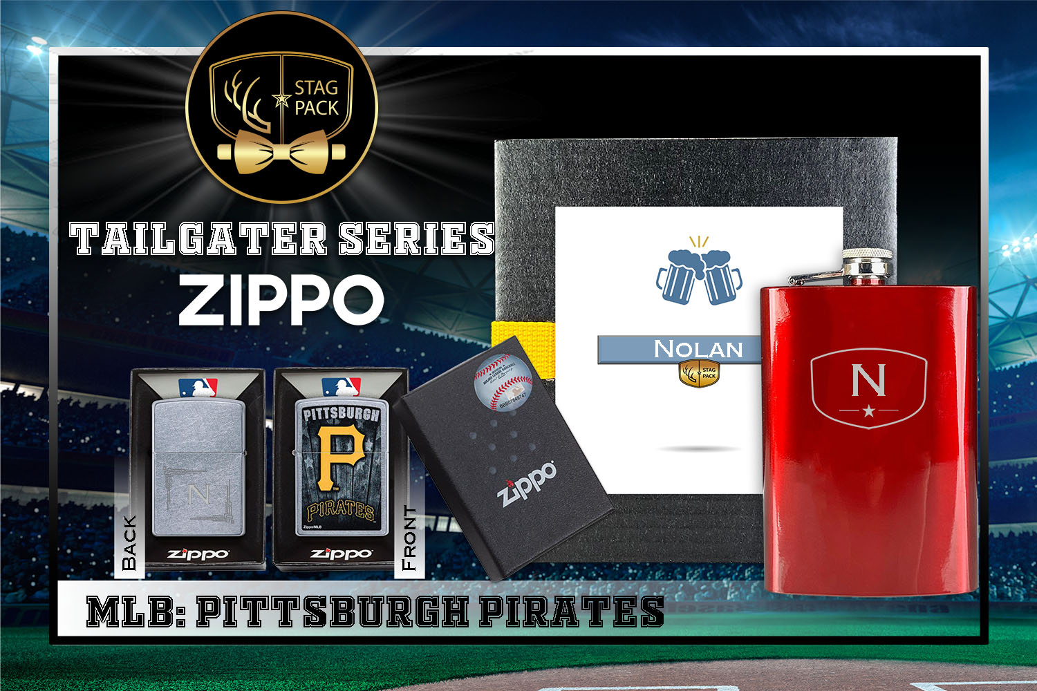 Custom Engraved Groomsmen Gift with Flask & Zippo Windproof Lighter in a Personalized Gift Box.