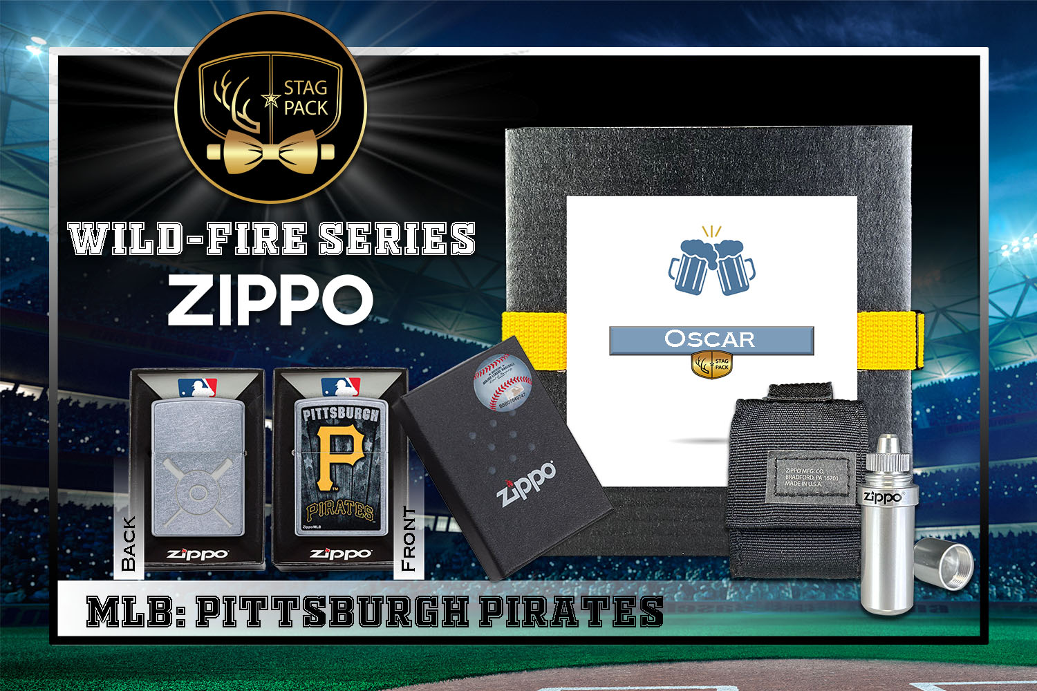 Custom Engraved Groomsmen Gift with MLB Windproof Zippo Lighter, a Fluid Canister and Pouch Gift-Pack in a Personalized Gift Box.