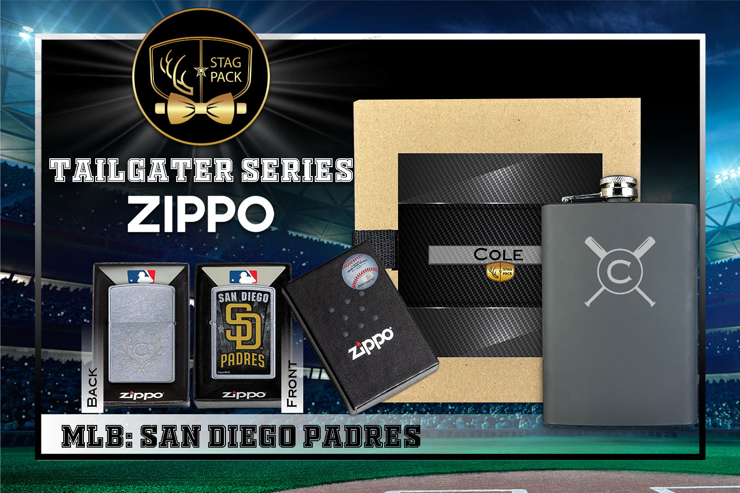 Custom Engraved Groomsmen Gift with Flask & Zippo Windproof Lighter in a Personalized Gift Box.