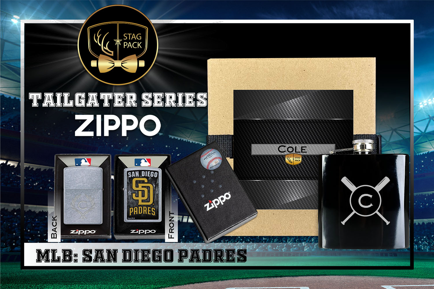 Custom Engraved Groomsmen Gift with Flask & Zippo Windproof Lighter in a Personalized Gift Box.