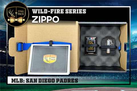 Custom Engraved Groomsmen Gift with MLB Windproof Zippo Lighter, a Fluid Canister and Pouch packaged in a Personalized Gift Box with a Message Card.