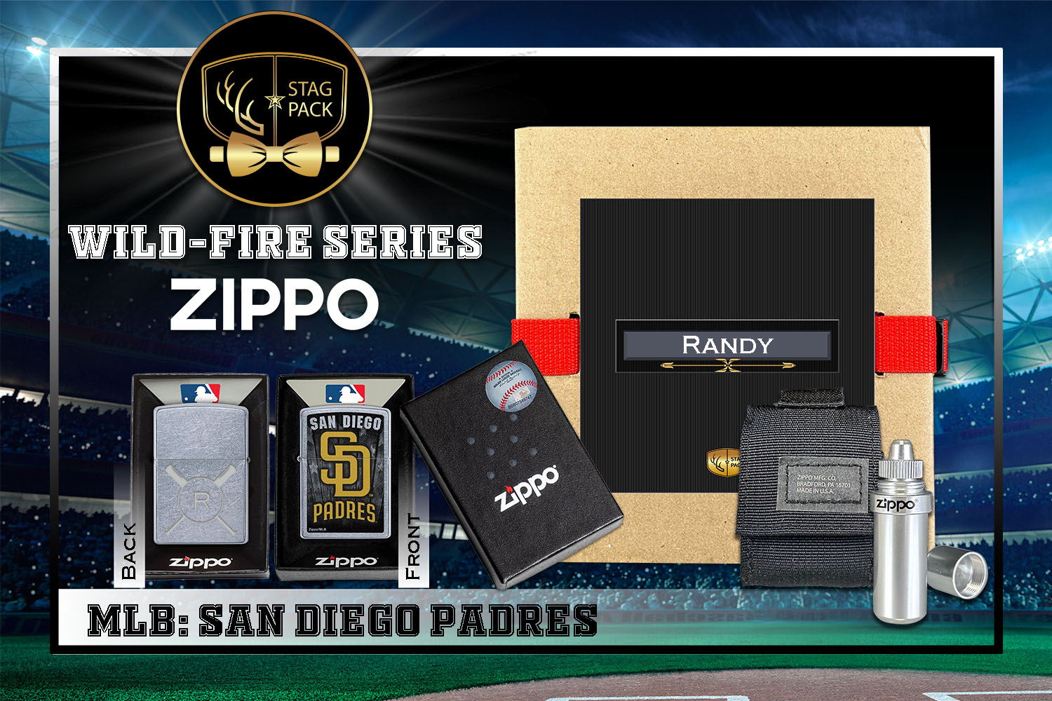 Custom Engraved Groomsmen Gift with MLB Windproof Zippo Lighter, a Fluid Canister and Pouch Gift-Pack in a Personalized Gift Box.