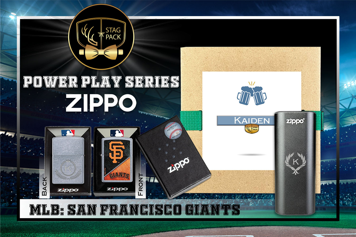 Custom Engraved Groomsmen Gift with MLB Zippo Windproof Lighter& Heatbank in a Personalized Gift Box.