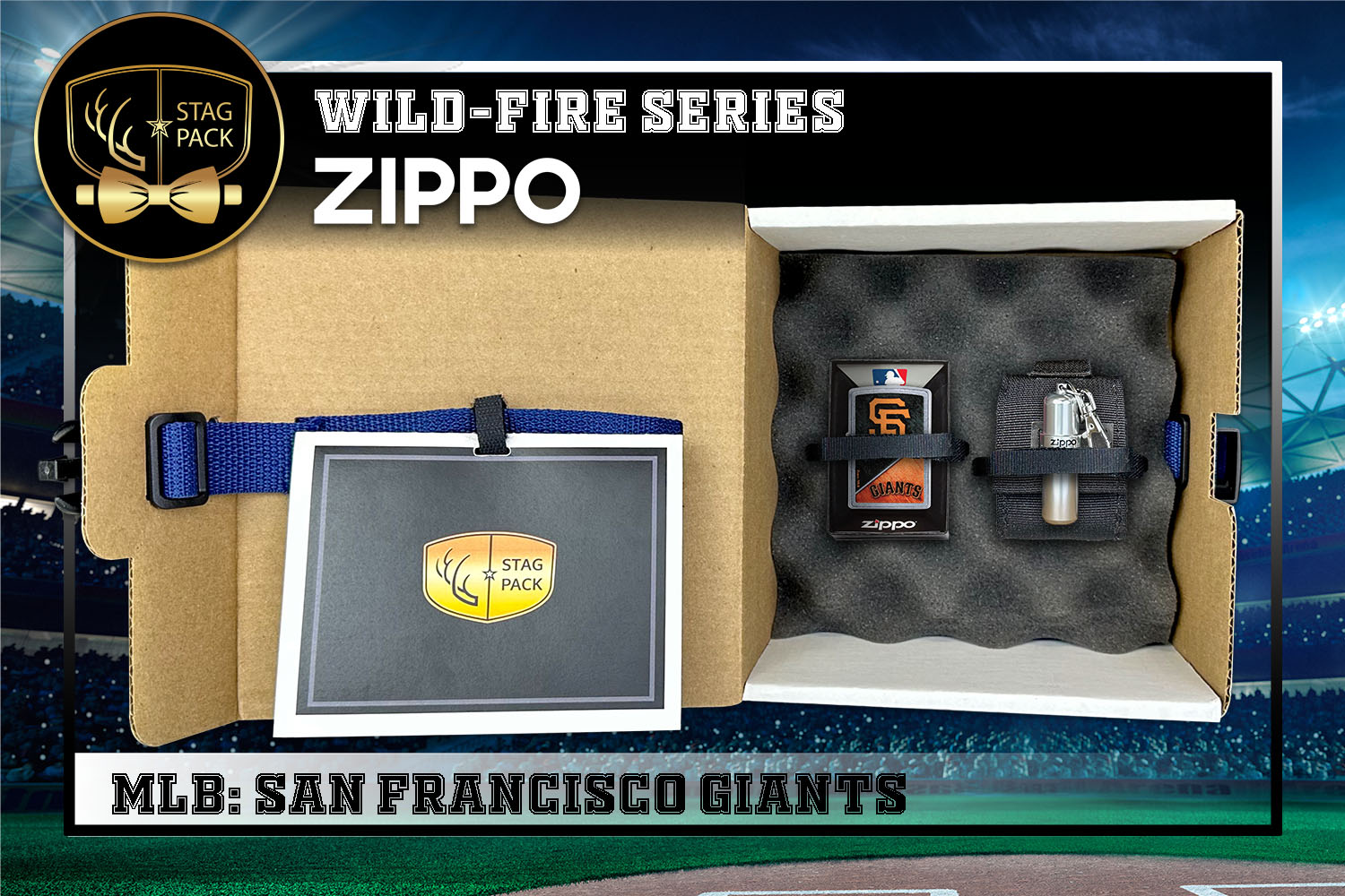 Custom Engraved Groomsmen Gift with MLB Windproof Zippo Lighter, a Fluid Canister and Pouch packaged in a Personalized Gift Box with a Message Card.