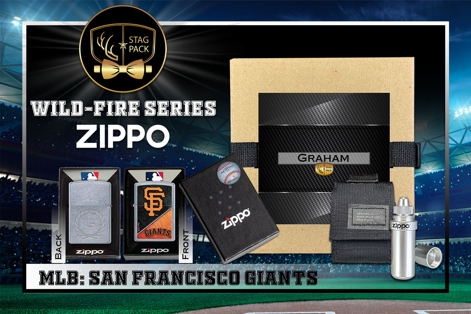 Custom Engraved Groomsmen Gift with MLB Windproof Zippo Lighter, a Fluid Canister and Pouch Gift-Pack in a Personalized Gift Box.