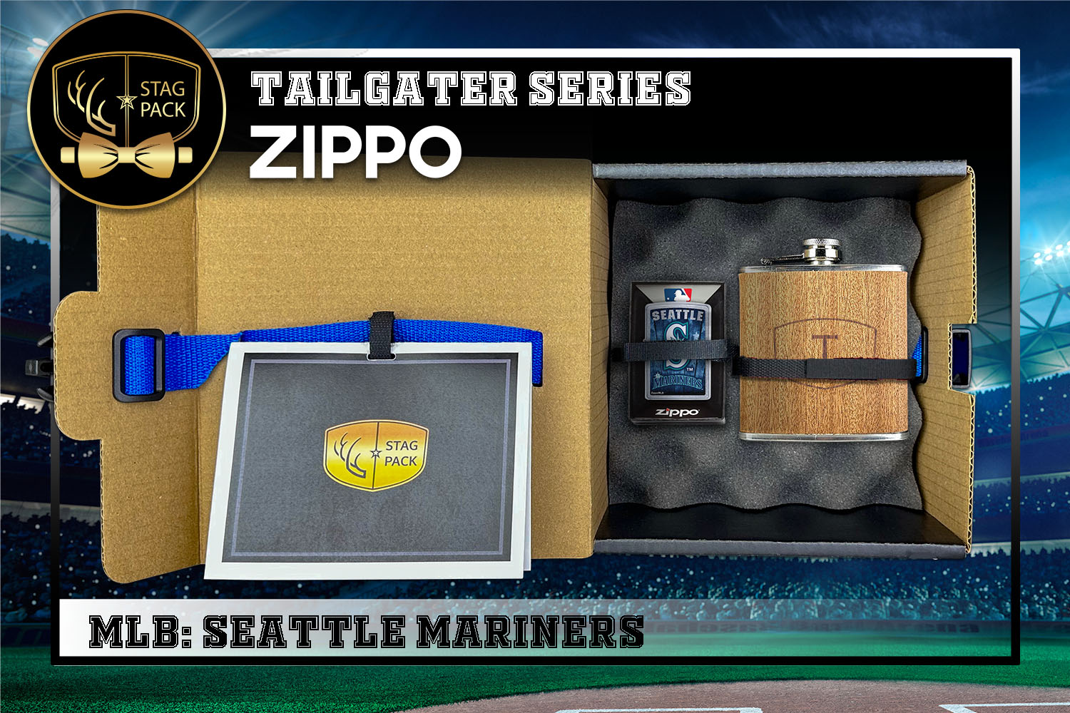 Custom Engraved Groomsmen Gift with Flask & Zippo packaged in a Personalized Gift Box with Message Card.