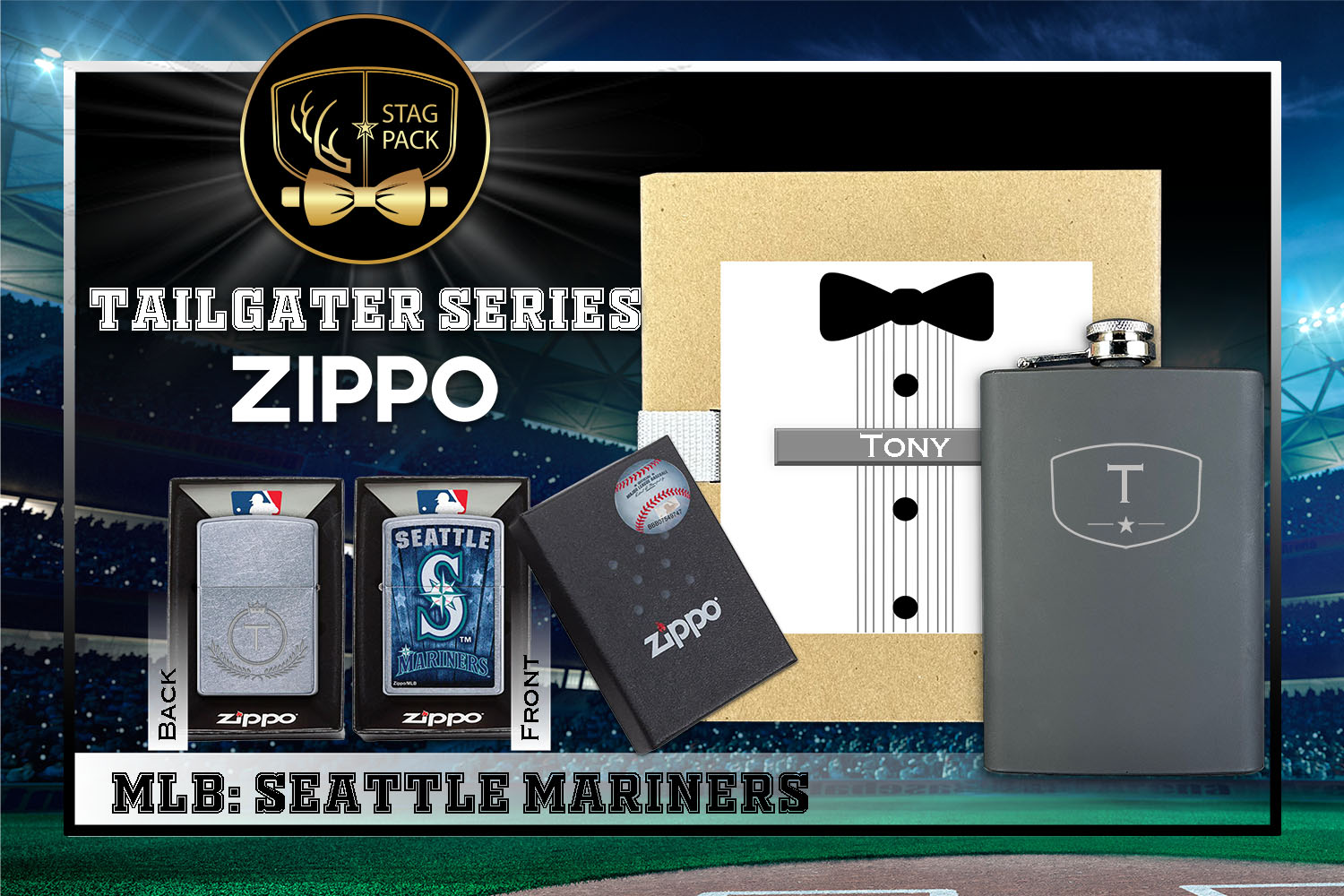 Custom Engraved Groomsmen Gift with Flask & Zippo Windproof Lighter in a Personalized Gift Box.