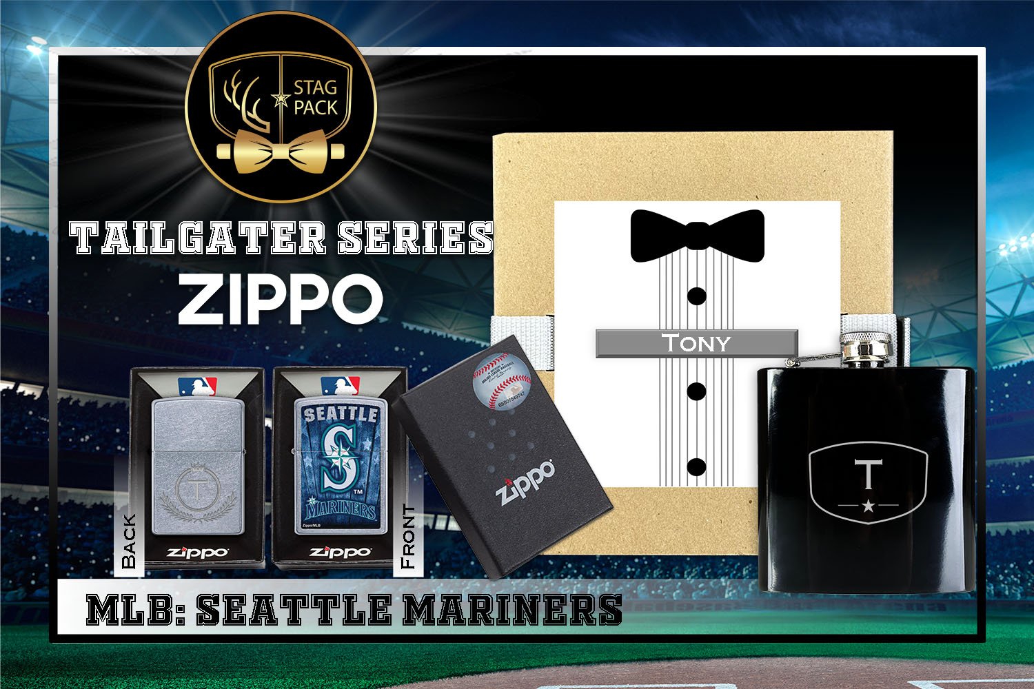 Custom Engraved Groomsmen Gift with Flask & Zippo Windproof Lighter in a Personalized Gift Box.