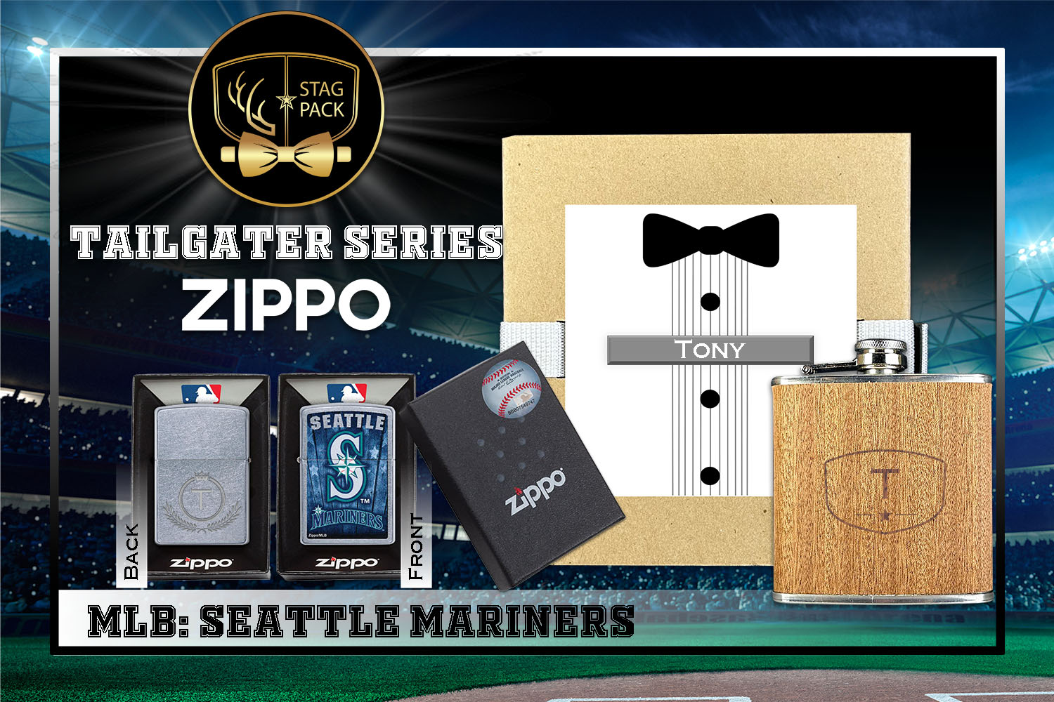 Custom Engraved Groomsmen Gift with Flask & Zippo Windproof Lighter in a Personalized Gift Box.