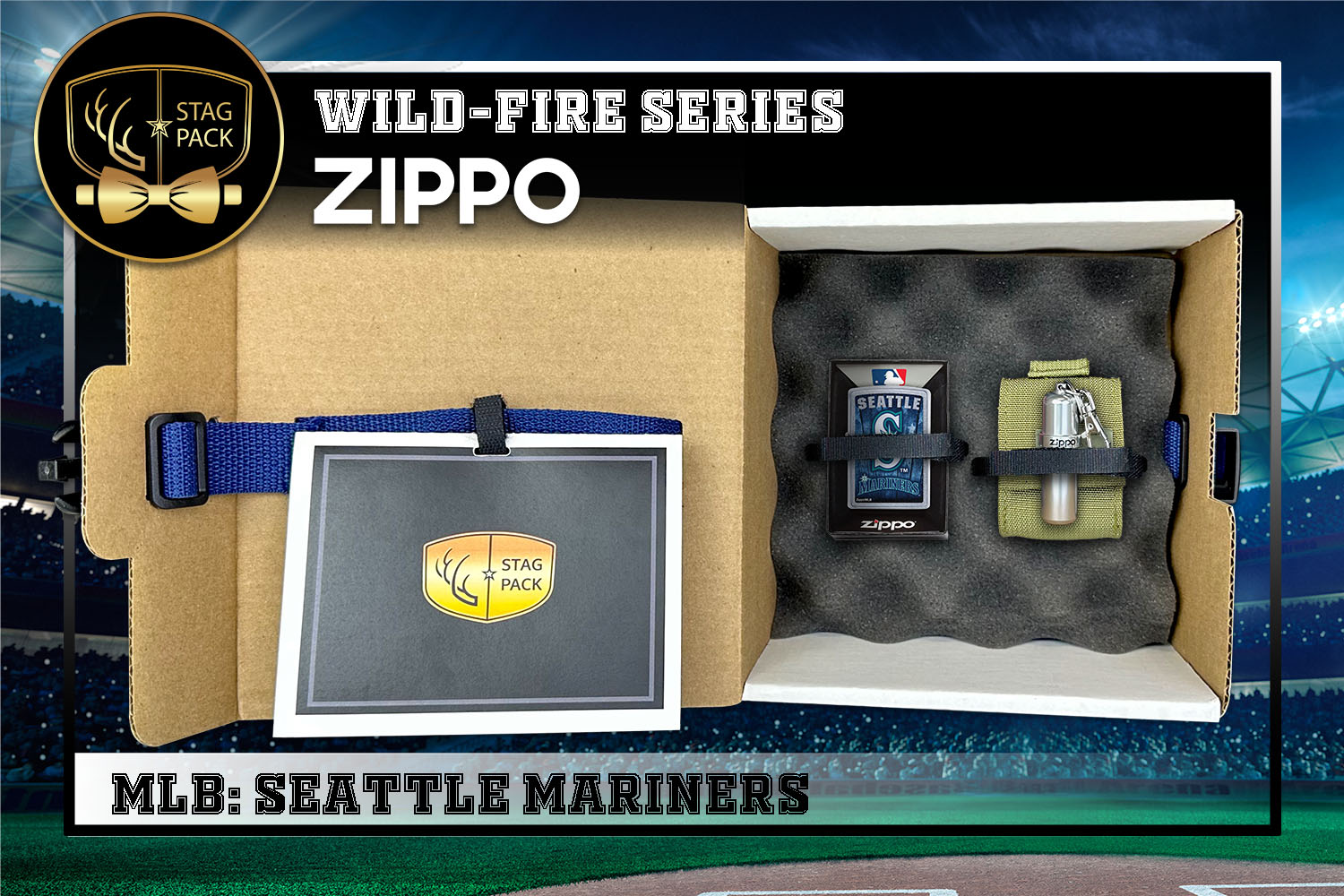 Custom Engraved Groomsmen Gift with MLB Windproof Zippo Lighter, a Fluid Canister and Pouch packaged in a Personalized Gift Box with a Message Card.