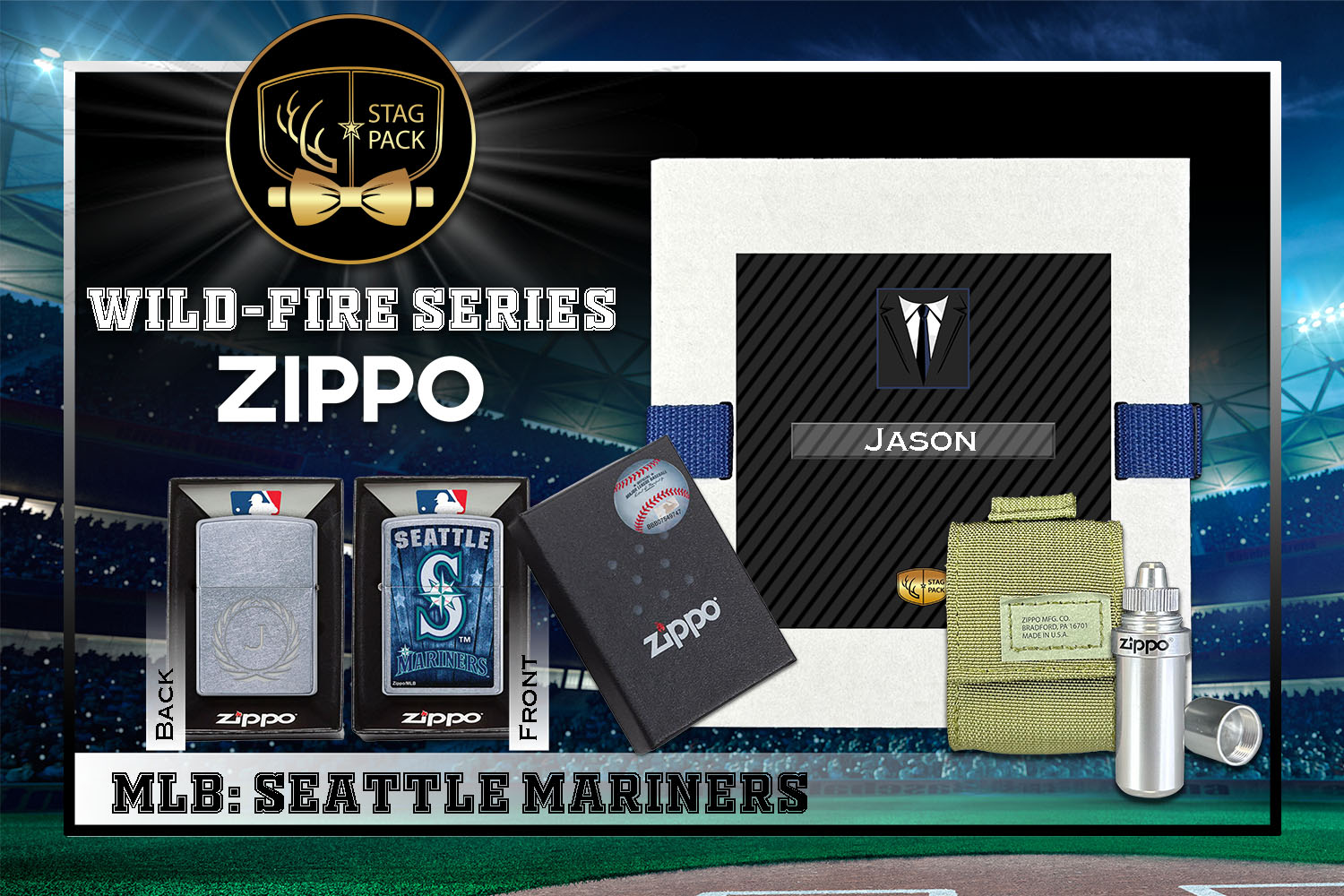 Custom Engraved Groomsmen Gift with MLB Windproof Zippo Lighter, a Fluid Canister and Pouch Gift-Pack in a Personalized Gift Box.