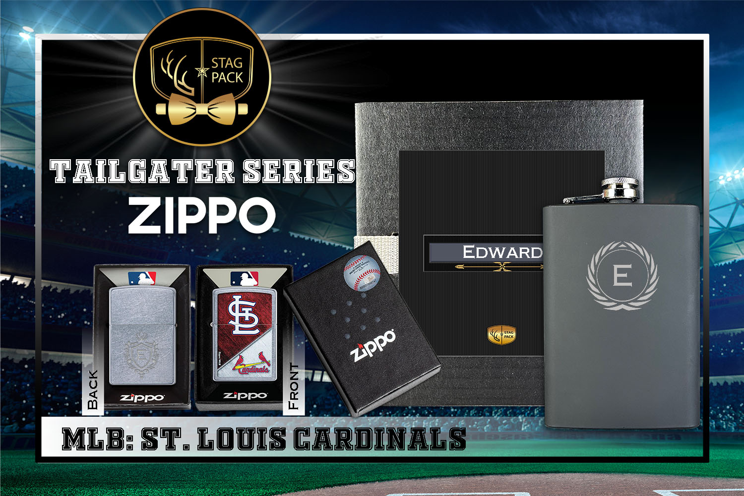 Custom Engraved Groomsmen Gift with Flask & Zippo Windproof Lighter in a Personalized Gift Box.