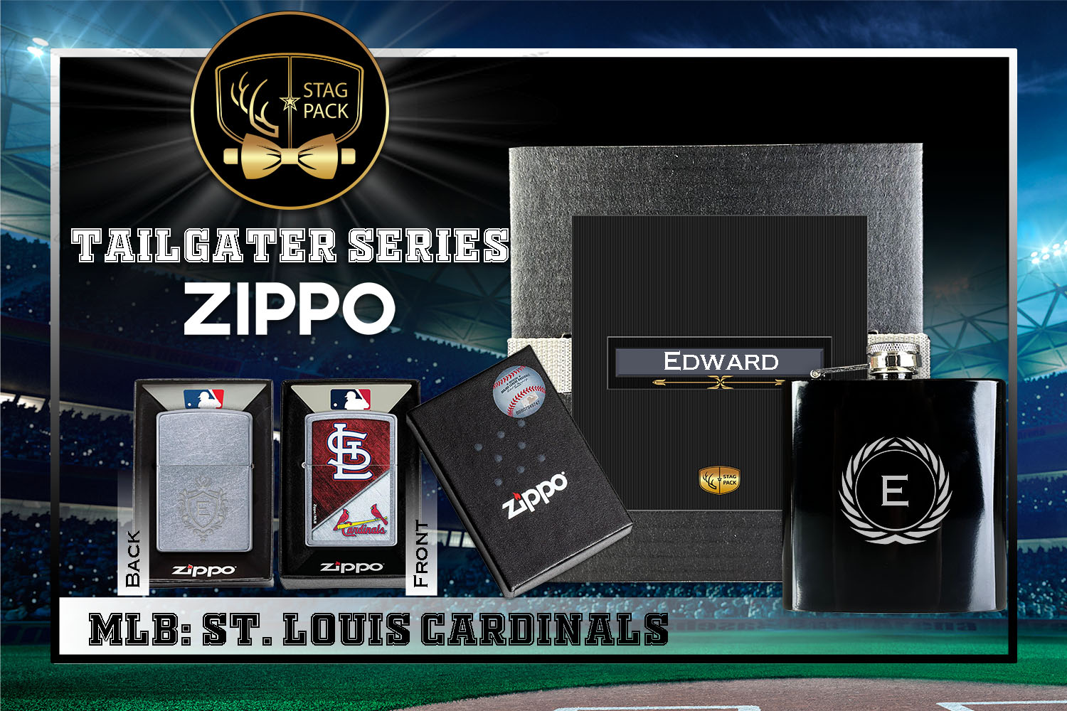 Custom Engraved Groomsmen Gift with Flask & Zippo Windproof Lighter in a Personalized Gift Box.