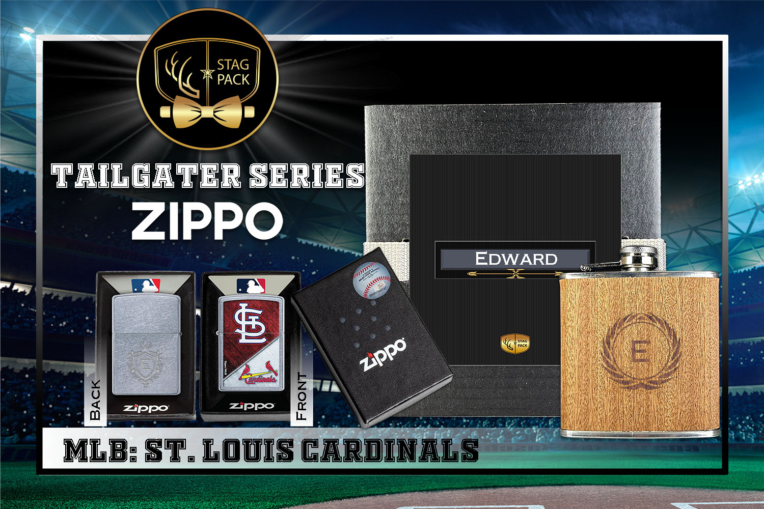 Custom Engraved Groomsmen Gift with Flask & Zippo Windproof Lighter in a Personalized Gift Box.
