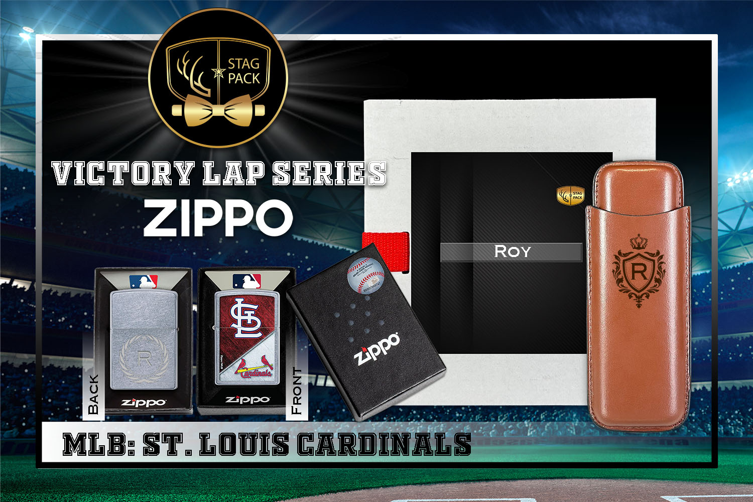 Custom Engraved Groomsmen Gift with Dual Sleeve Leather Cigar Case & Zippo Windproof Lighter in a Personalized Gift Box.