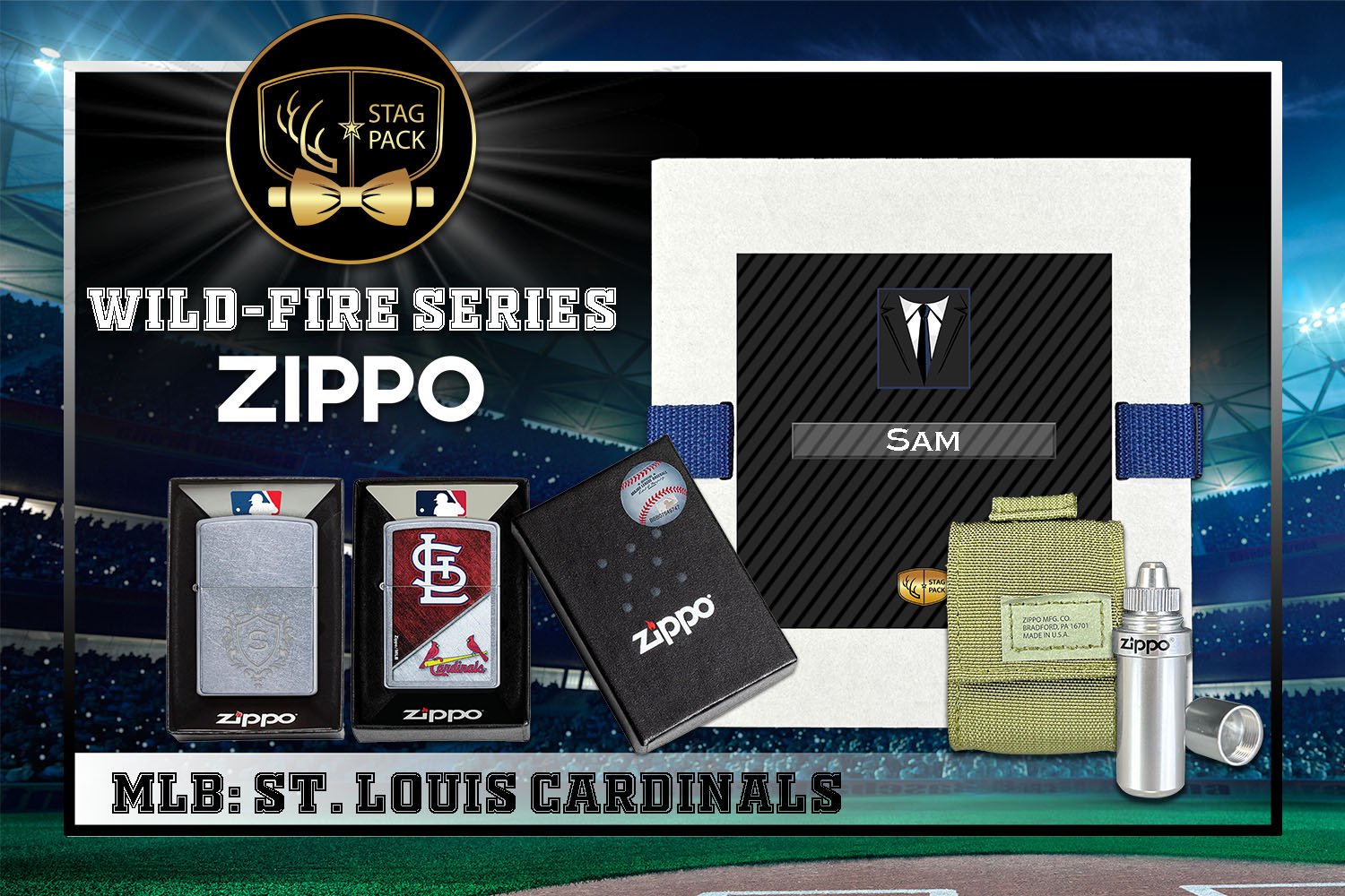 Custom Engraved Groomsmen Gift with MLB Windproof Zippo Lighter, a Fluid Canister and Pouch Gift-Pack in a Personalized Gift Box.