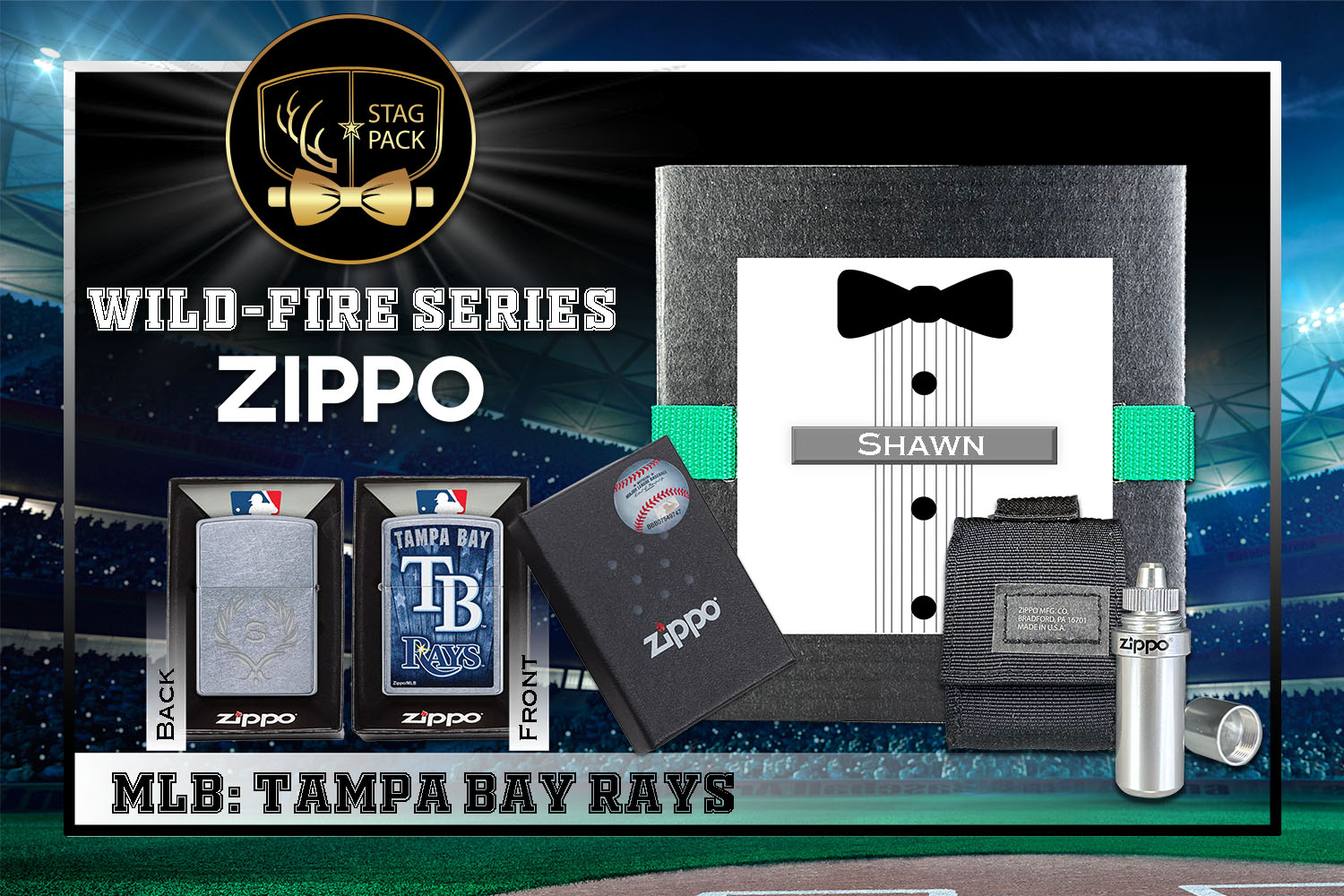 Custom Engraved Groomsmen Gift with MLB Windproof Zippo Lighter, a Fluid Canister and Pouch packaged in a Personalized Gift Box with a Message Card.