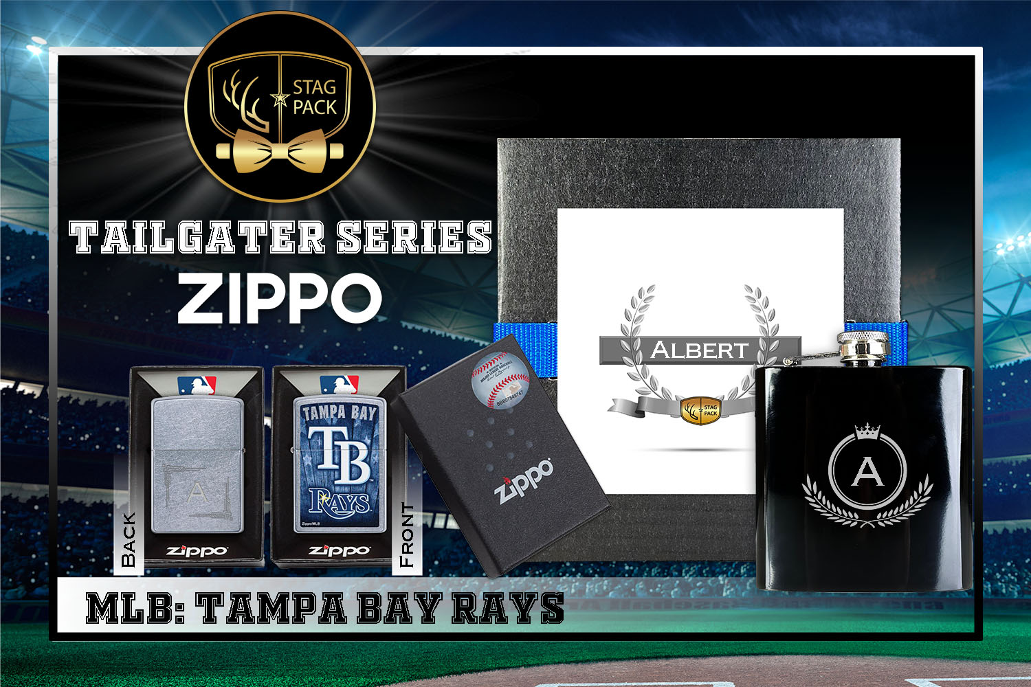 Custom Engraved Groomsmen Gift with Flask & Zippo Windproof Lighter in a Personalized Gift Box.