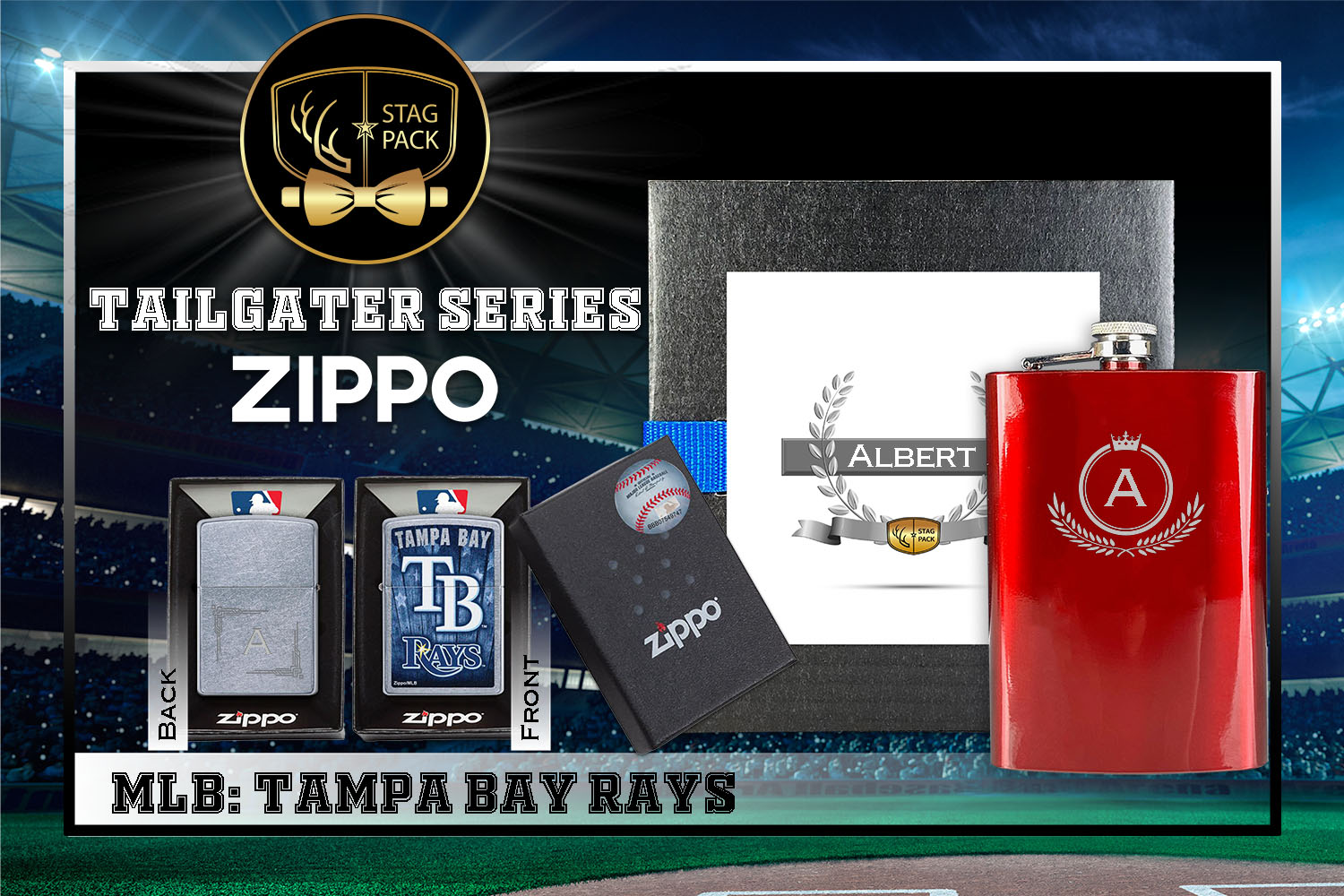 Custom Engraved Groomsmen Gift with Flask & Zippo Windproof Lighter in a Personalized Gift Box.