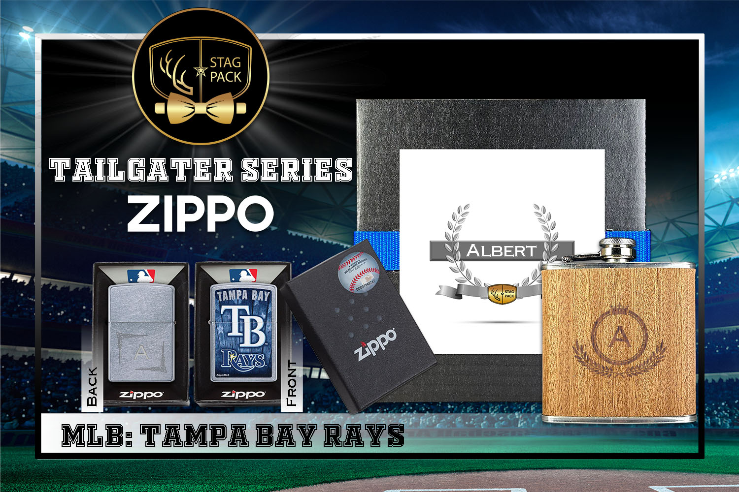 Custom Engraved Groomsmen Gift with Flask & Zippo Windproof Lighter in a Personalized Gift Box.