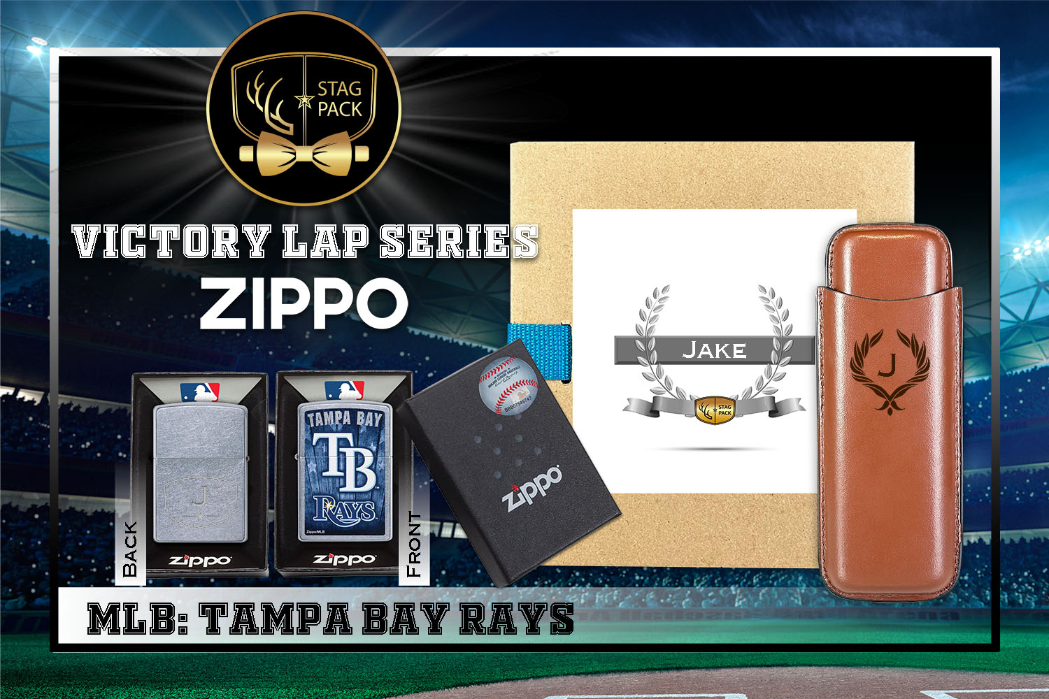 Custom Engraved Groomsmen Gift with Dual Sleeve Leather Cigar Case & Zippo Windproof Lighter in a Personalized Gift Box.