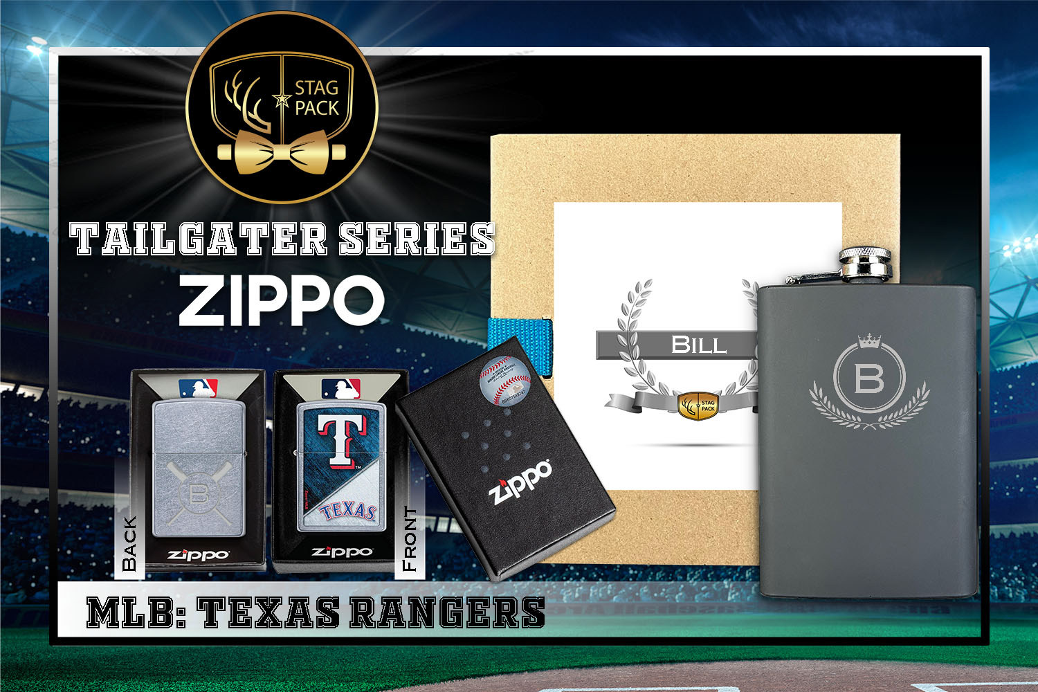 Custom Engraved Groomsmen Gift with Flask & Zippo Windproof Lighter in a Personalized Gift Box.