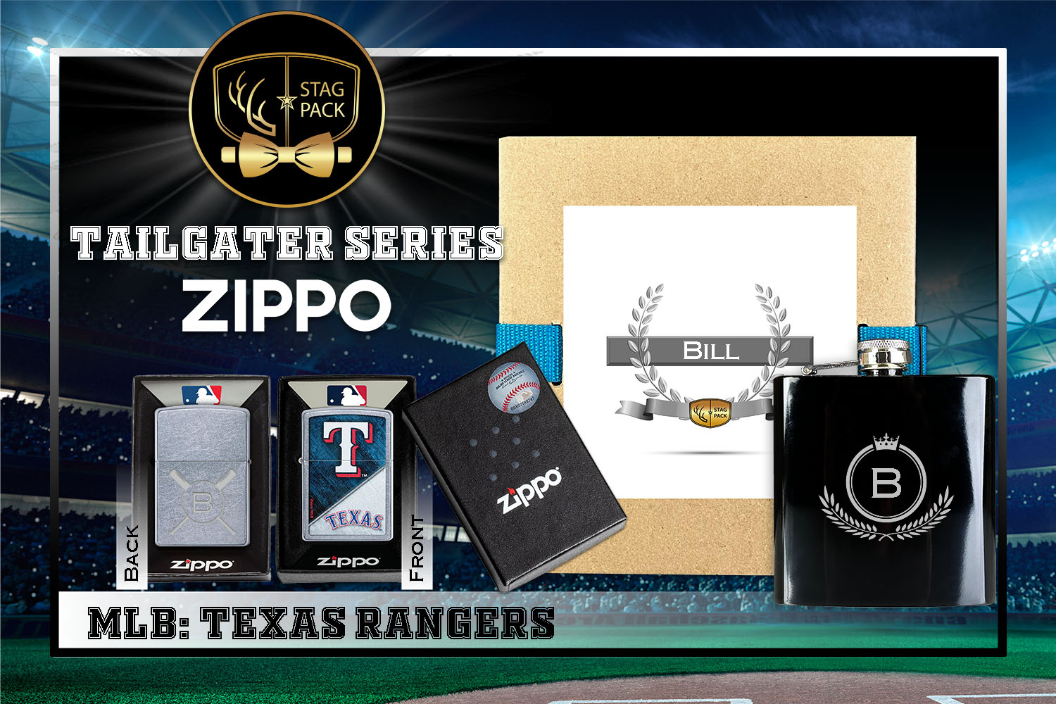 Custom Engraved Groomsmen Gift with Flask & Zippo Windproof Lighter in a Personalized Gift Box.