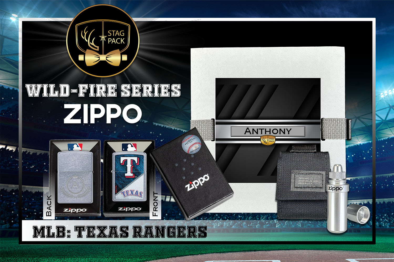 Custom Engraved Groomsmen Gift with MLB Windproof Zippo Lighter, a Fluid Canister and Pouch Gift-Pack in a Personalized Gift Box.