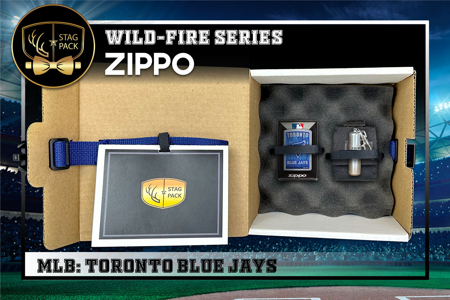 Custom Engraved Groomsmen Gift with MLB Windproof Zippo Lighter, a Fluid Canister and Pouch packaged in a Personalized Gift Box with a Message Card.