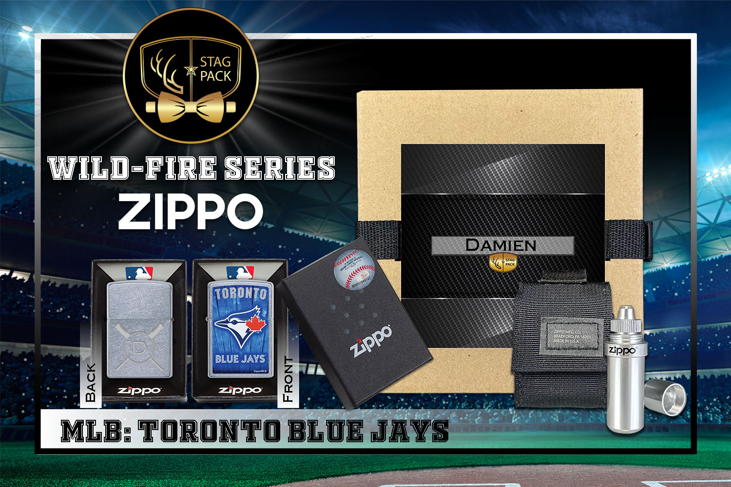 Custom Engraved Groomsmen Gift with MLB Windproof Zippo Lighter, a Fluid Canister and Pouch Gift-Pack in a Personalized Gift Box.