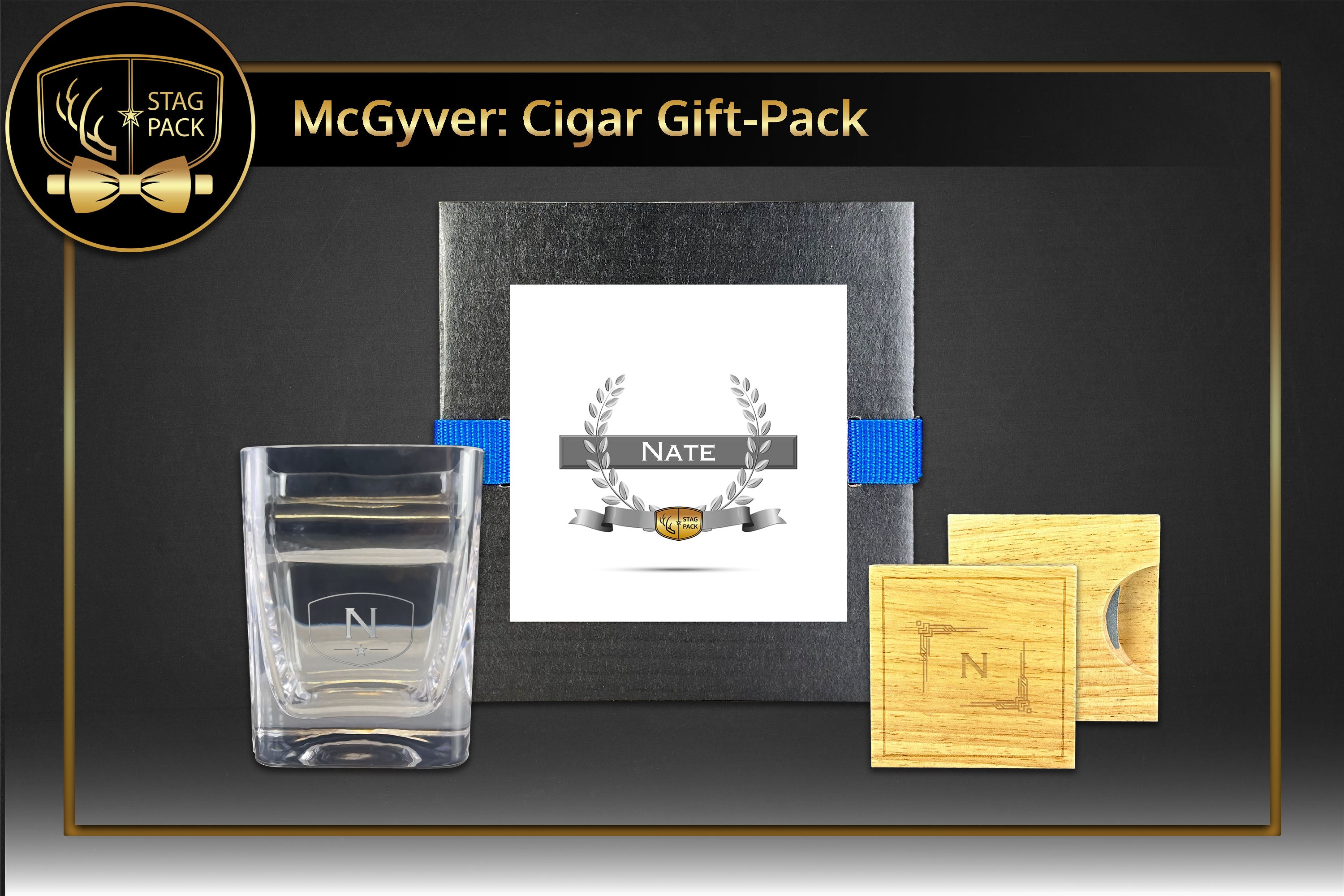 Custom Engraved Groomsmen Cigar Glass and Wooden Coaster Opener in a Personalized Gift Box.