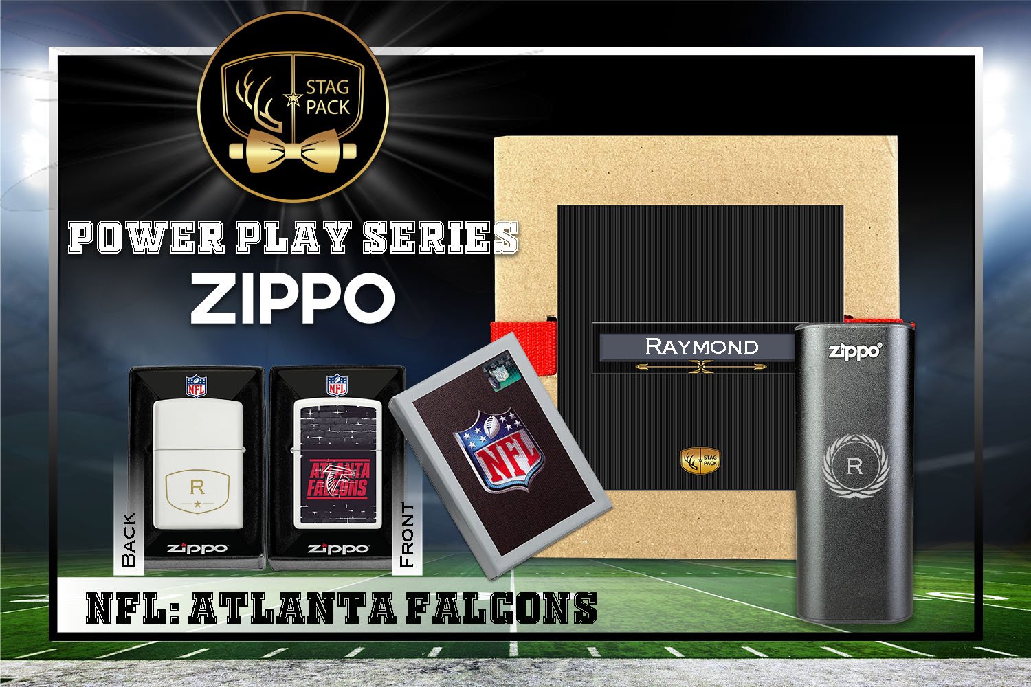 Custom Engraved Groomsmen Gift with NFL Zippo Windproof Lighter& Heatbank in a Personalized Gift Box.