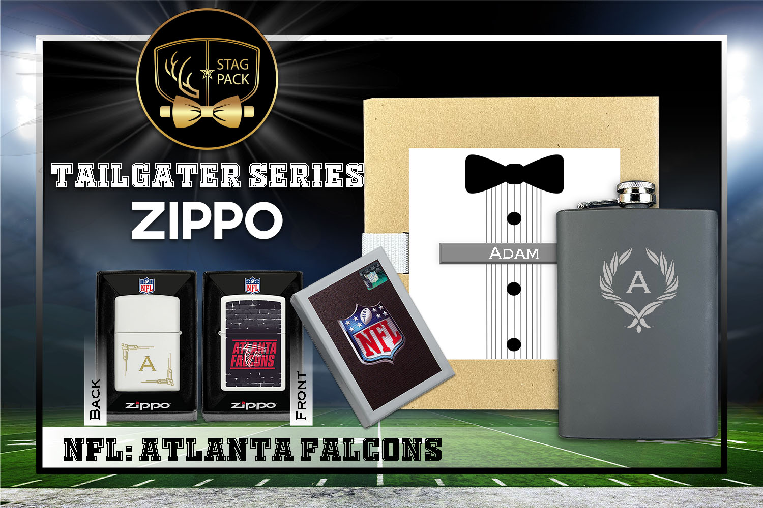 Custom Engraved Groomsmen Gift with Flask & Zippo Windproof Lighter in a Personalized Gift Box.