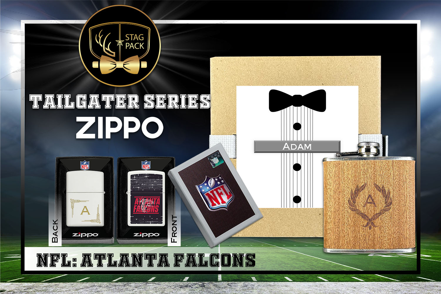 Custom Engraved Groomsmen Gift with Flask & Zippo Windproof Lighter in a Personalized Gift Box.