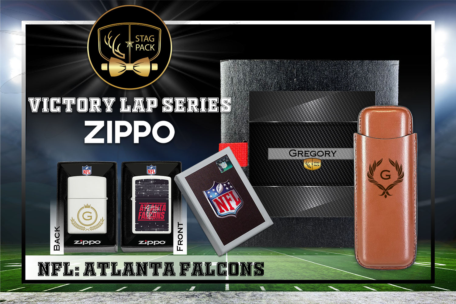 Custom Engraved Groomsmen Gift with Dual Sleeve Leather Cigar Case & Zippo Windproof Lighter in a Personalized Gift Box.
